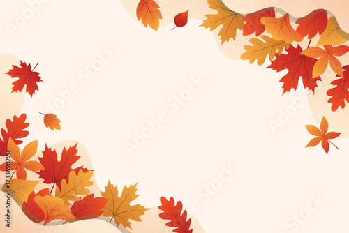 Autumn Leaf Season Background. October foliage wave frame. Thanksgiving day card. Fall maple composition. Oak leaves decor september poster. Orange plant.