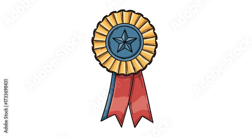 Illustration of a blue and gold rosette award with red ribbons on a white background.