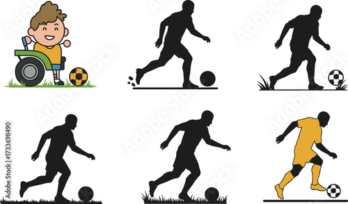 Inclusive soccer illustration, wheelchair child with ball, silhouette football players, dynamic sports pose, diversity in athletics, accessible game design