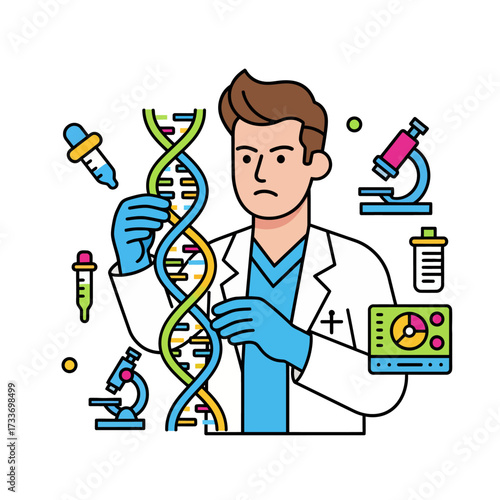 Illustrated scientist in a lab coat examining a DNA double helix, surrounded by lab equipment like microscopes and pipettes.