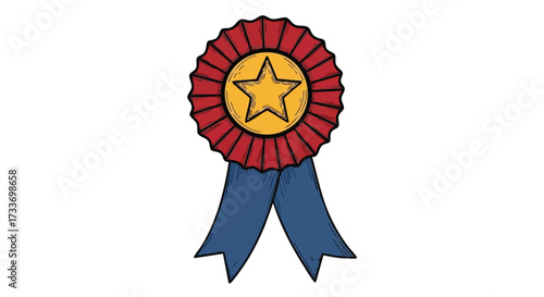 Illustration of a red rosette award with a gold star and blue ribbons against a white background.