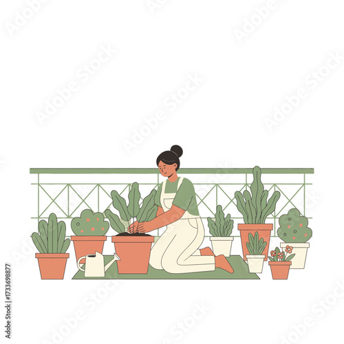 A woman tending to plants in pots on a balcony, planting a seedling.