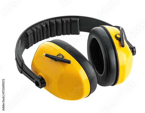 Protective ear muffs with yellow earmuffs and black headband, isolated