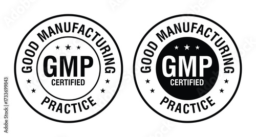 GMP Certified logo. Good Manufacturing Practice Certified Set Badge, Stamp, Icon, Seal, Label, Tag, Emblem For CBD Label Oil and Packaging Design. Vector Illustration