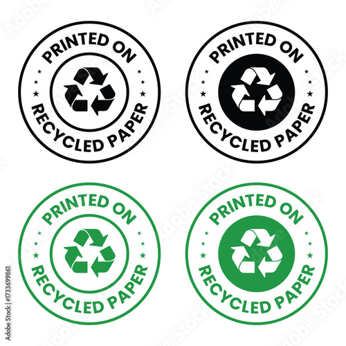 Printed on Recycled Paper Vector Label – Eco Friendly, Green, Sustainable, Badge Design. Printed on Recycled Paper icon