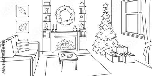 Christmas living room graphic black white interior sketch illustration vector 