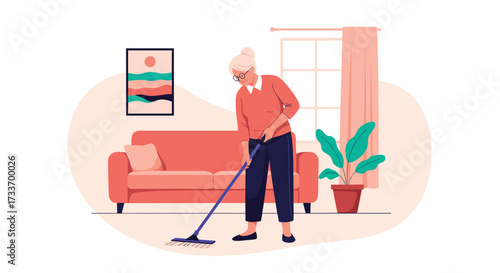 An elderly woman is sweeping the floor in a living room.