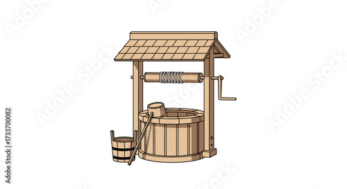 A rustic wooden wishing well with a crank mechanism and a bucket ready for drawing water.