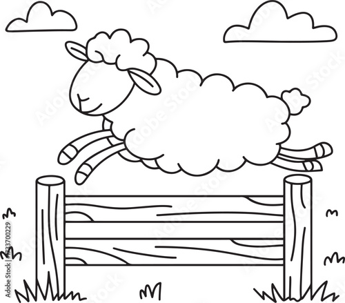 Cute Cartoon Sheep Jumping Over a Wooden Fence Line Art Drawing for Counting and Farm Themes