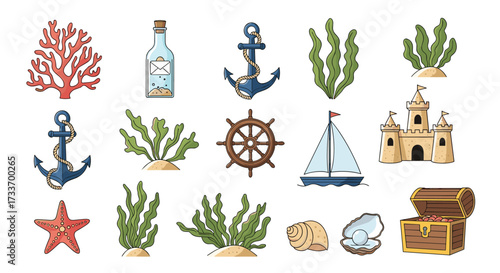 A collection of nautical and oceanic elements including coral seaweed anchors a ship a castle a treasure chest and more.