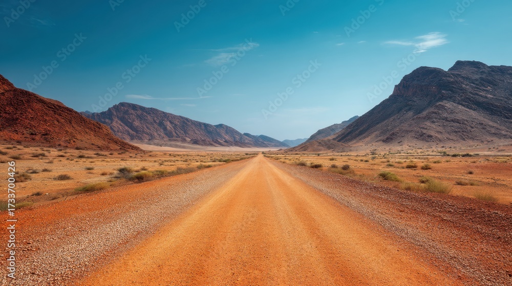 Fototapeta premium Empty gravel road extending through vast desert landscape. Scenic route winding between mountains under clear blue sky. Travel adventure concept.