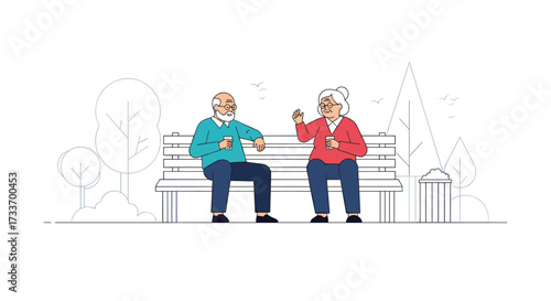 Elderly couple enjoying coffee and conversation while sitting on a park bench.