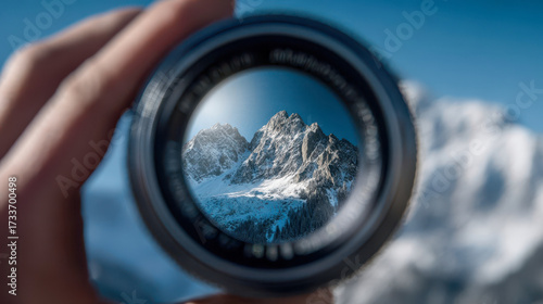 Snow-capped mountain peaks seen through a camera lens, sharp alpine focus against a clear blue sky