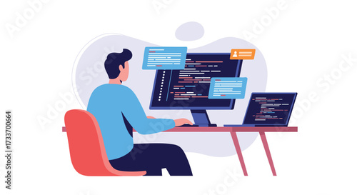 A developer actively coding on a computer with a laptop nearby.