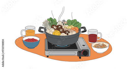 A delicious meal with hot pot and drinks is ready to be enjoyed by everyone.