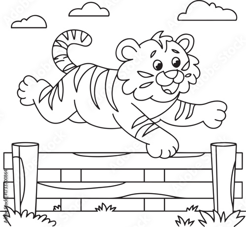 Happy Cartoon Tiger Cub Jumping Over a Wooden Fence Line Art Drawing for Kids' Coloring Book and Zoo Theme