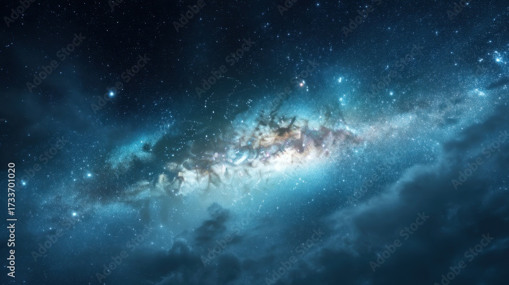 Fototapeta premium Blue galaxy with bright stars and dark cosmic cloud. Outer space nebula and stardust. Scientific background for cosmic exploration.