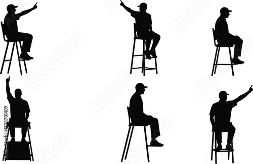 Seated person silhouette, pointing gesture, black vector illustration, stool pose, isolated figure, direction concept, minimal design, posture variation