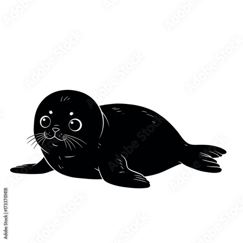 Adorable black baby seal pup cartoon illustration on white.