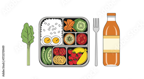 Healthy and nutritious bento box lunch with fresh ingredients and a refreshing drink.