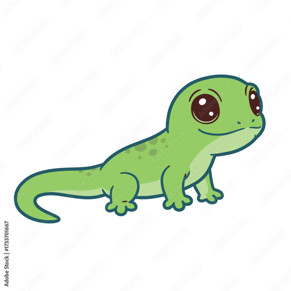 Naklejka premium Adorable Green Cartoon Gecko with Big Eyes and a Cute Smile.