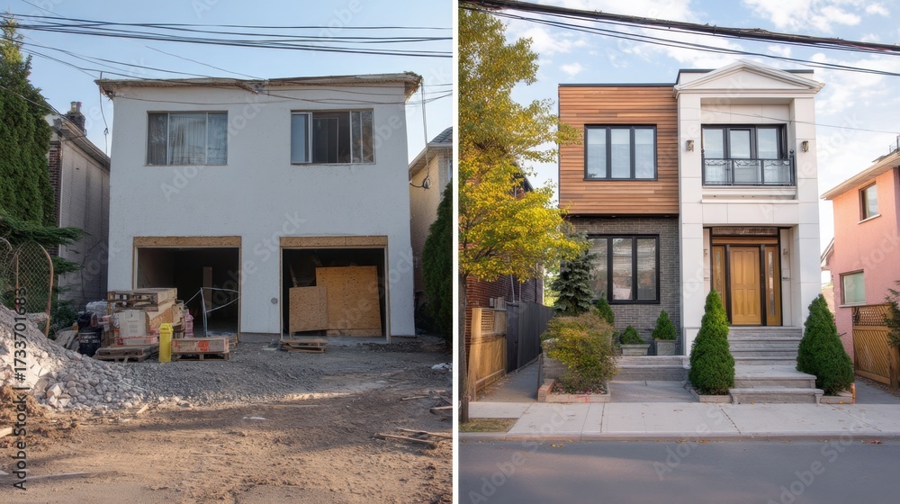 Fototapeta premium House renovation before and after. Old residential building transformed into modern home. Property development project concept.