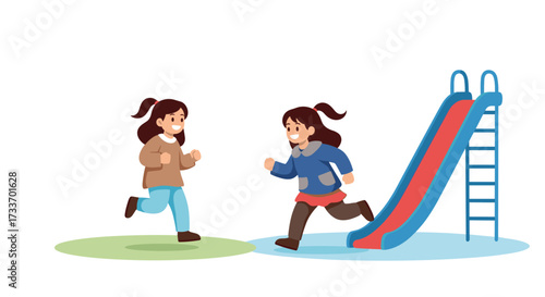 Two happy girls running towards a playground slide on a winter day.