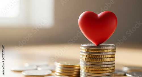 Red heart and coins showing charitable giving, fundraising, and financial aid for medical and social causes.