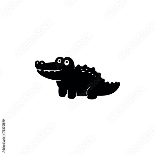 Cute black cartoon crocodile silhouette smiling happily.