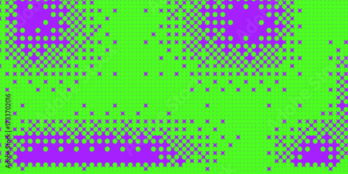 Halftone bright background. Noisy gradient with green and neon purple colors design cover. Grainy pixel backdrop. Dots wide banner. Vector abstract gradation illustration.