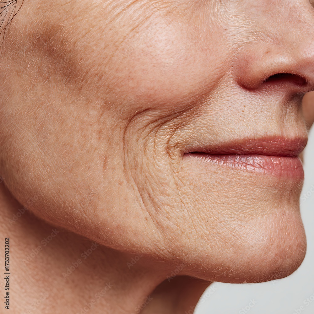 Fototapeta premium Cropped photo of an elderly person's cheeks, emphasizing the texture of the skin, fine lines, and clean white tones.