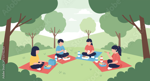 A group of friends enjoying a pleasant picnic lunch together outdoors in a park.