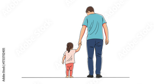 A father and his young daughter hold hands while walking together.