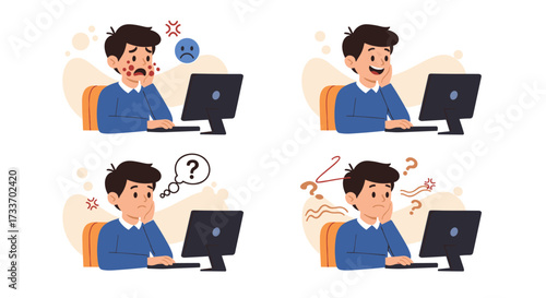 Diverse emotions and thought processes of a person working on a computer.