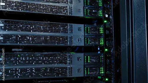 Close-up of server racks in a data center, with green lights and cooling vents