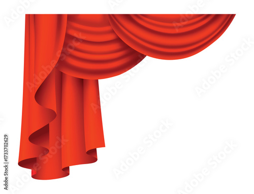 Red curtains realistic. Theater fabric silk decoration for movie cinema or opera hall. Curtains and draperies interior decoration object. Isolated on transparent for theater stage