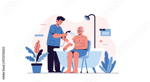 A caregiver assists an elderly person with their daily hygiene routine in the bathroom.