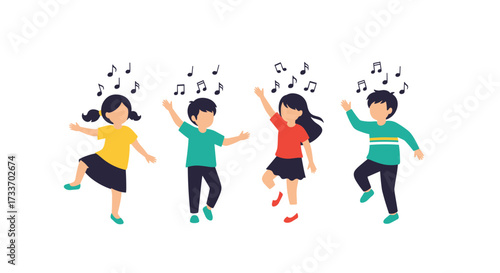 Children joyfully dancing to the rhythm of music with notes floating above their heads.
