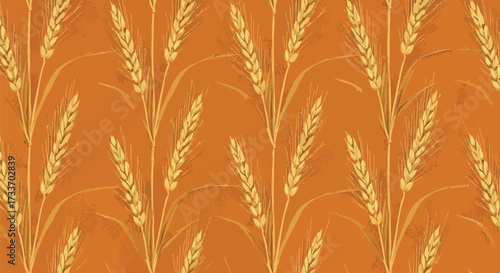Repeating pattern of golden wheat stalks against a warm orange background, stylized.