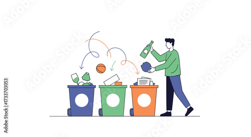 Person sorting different types of waste into colored bins to promote environmental sustainability.