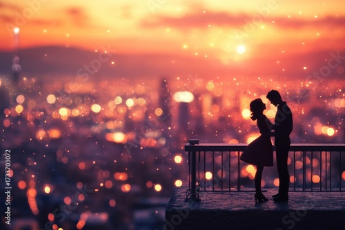 Silhouetted couple shares a romantic embrace on a rooftop, overlooking a glittering city at sunset with magical bokeh lights.