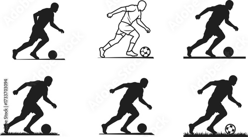 Soccer player silhouette dribbling ball, football motion illustration, sports action pose, athlete movement design, dynamic figure, training concept