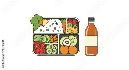A healthy and delicious bento box lunch with a refreshing beverage for a nutritious meal.