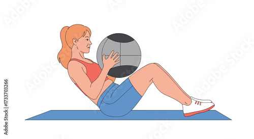 A woman performs a medicine ball Russian twist exercise on a yoga mat.