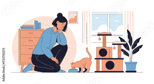 A young woman kneels down to feed her orange cat a meal from a blue bowl.