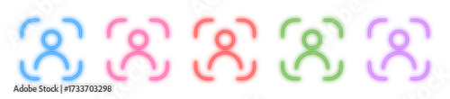 User scan neon icon isolated, Glowing biometric symbol, Bright face ID, Neon profile marker, or Shiny authentication sign vector illustration