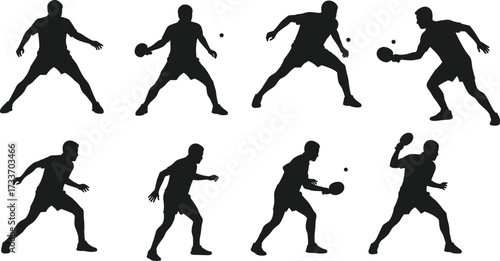 Table tennis silhouette, ping pong player, black vector illustration, paddle swing pose, sports movement, isolated icon, athletic action, dynamic gesture