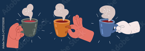 Cartoon vector illustration of hands holding tea cups — symbol of warmth, connection, and shared moments against dark background