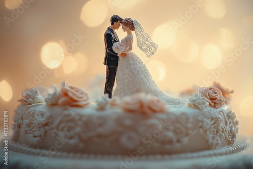 Romantic wedding cake topper: bride, groom embracing. Elegant white cake, delicate frosting, pink roses, warm bokeh lights, perfect romantic celebration.