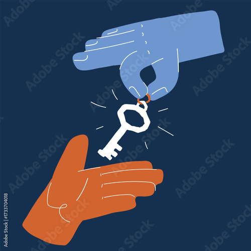 Cartoon vector illustration of one hand passing keys to another symbol of trust, opportunity, and shared responsibility against dark background